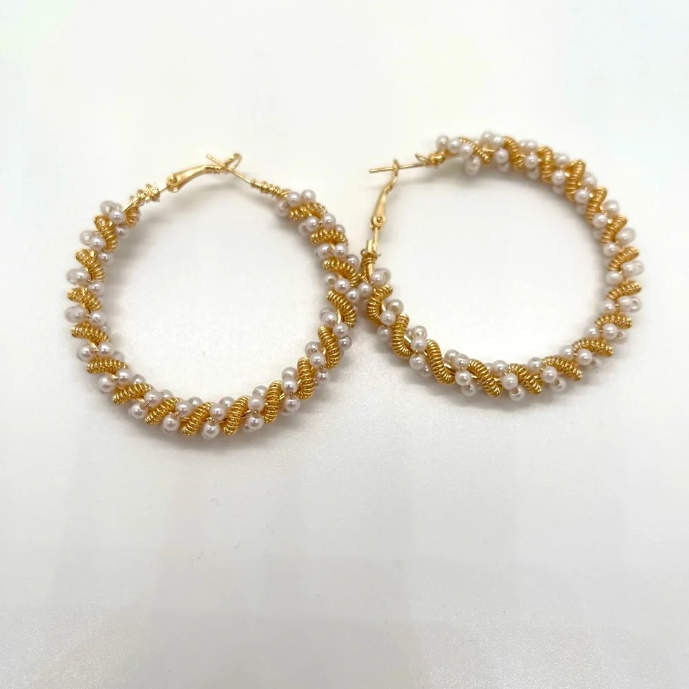 Gold Twisted Pearl Hoop Earrings | Braided Rope Style Elegant